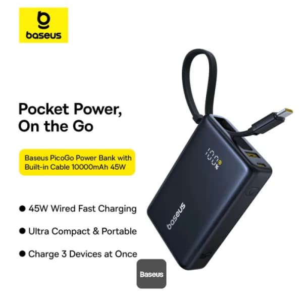 POWER BANK Baseus PicoGo, display, capacitate 10000mAh, 45W, cablu integrat USB Type-C, 1 x USB Type-C, 1 x USB, total 5V/3A, negru, "P10076803123-00" - 6932172678715 — miniatură