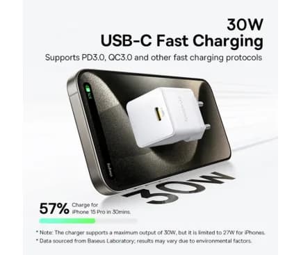 INCARCATOR retea Baseus Palm, Quick Charge 30W, 1 x USB Type-C, alb "P10111605213-00" - 6932172672768 — miniatură