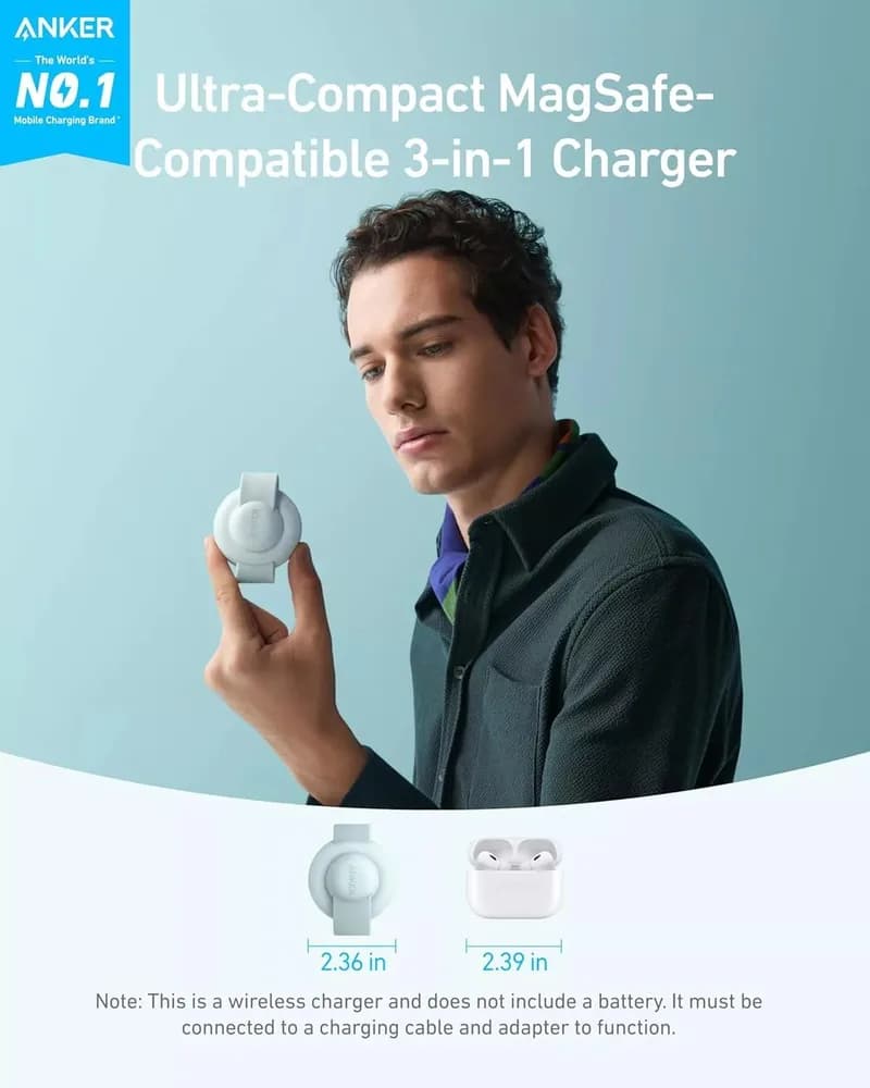 Stand cu incarcare wireless 3 in 1 Anker, MagGo 3-in-1, 15W, portabil, pliabil, fast charge, pentru iPhone seriile 12-16, Apple Watch, AirPods, 1 x USB-C incarcare, verde, "B25M8H61" - 0194644286712 — miniatură