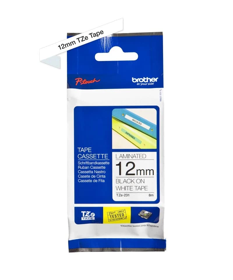Banda Laminata Original Brother Black on White, TZE231, pentru H105WB|P-TOUCH PT-E110VP|D400|D450|D600VP|E300VP|E550WVP|H110|H500|P700|P750W|PT-D210|PT-D210VP, 12mm x 8m, incl.TV 0 RON, "TZE231" — miniatură