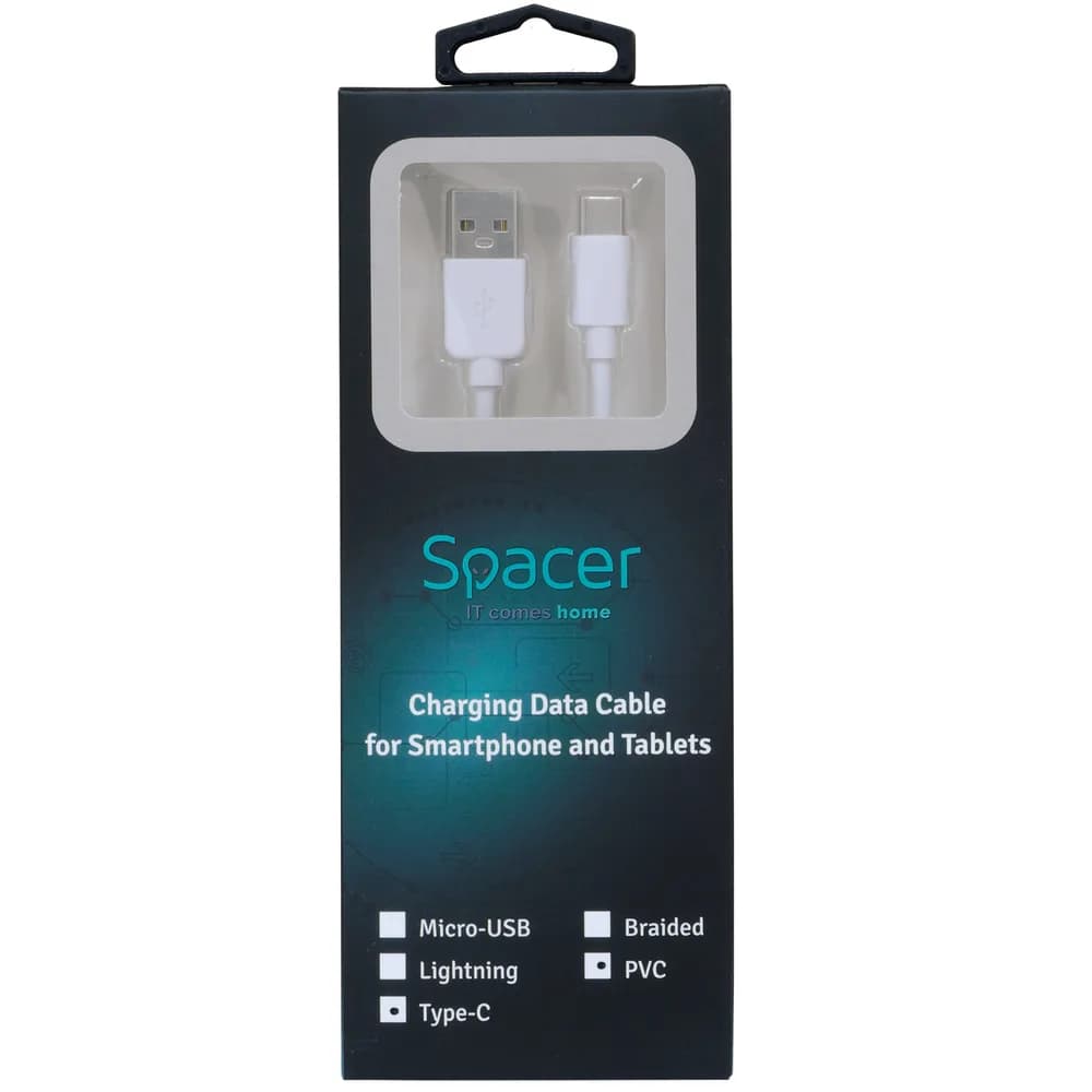 CABLU alimentare si date SPACER, pt. smartphone, USB 2.0 (T) la Type-C(T), PVC,2.1A,Retail pack, 1.8m, alb, "SPDC-TYPEC-PVC-W-1.8" — miniatură