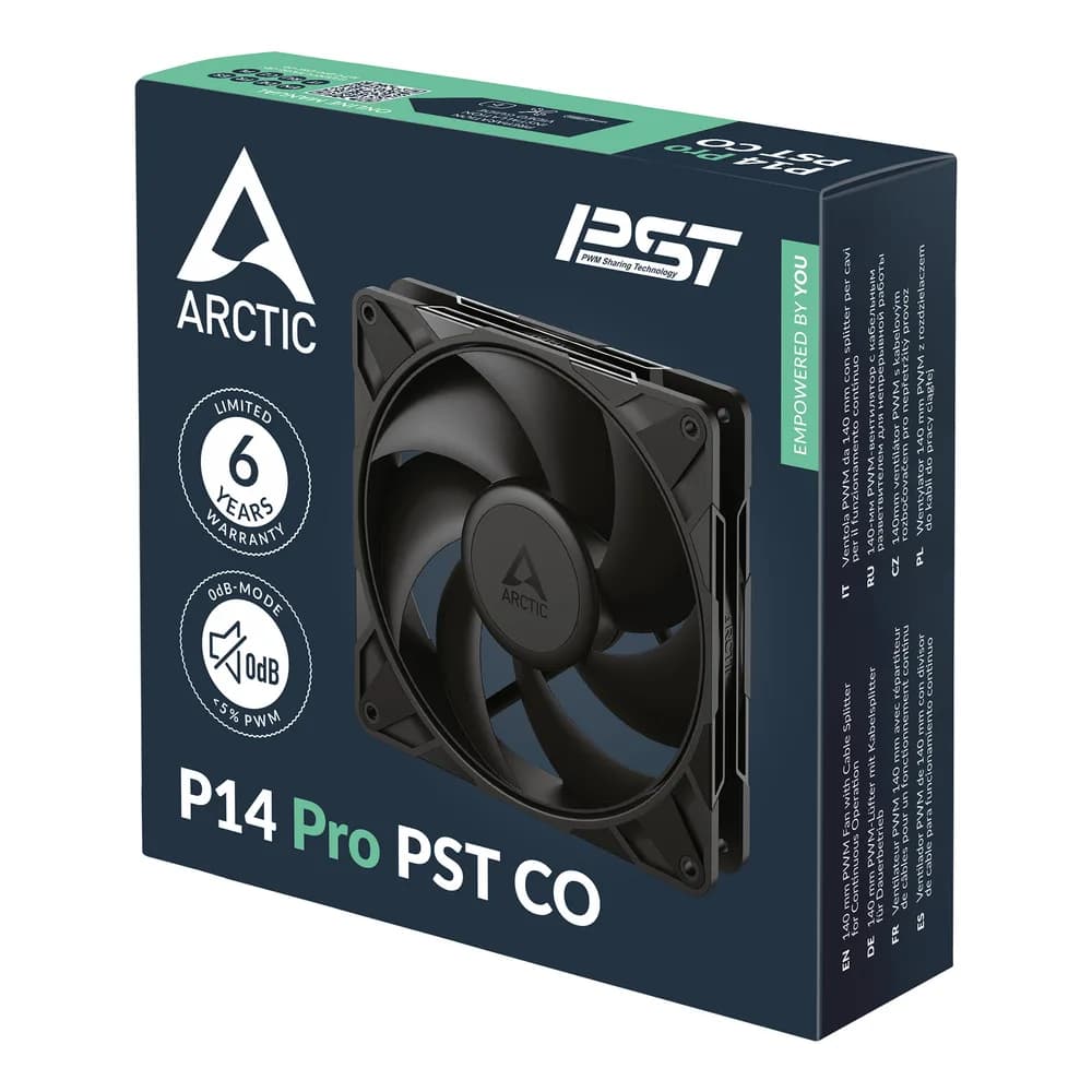 Ventilator Arctic "P14 Pro PST CO", 140mm, 600 - 3000 RPM, Dual Ball Bearing, 110 cfm, 4-Pin Fan Plug + 4-Pin Socket, lungime cablu 400 mm + 80 mm Daisy-Chain, negru, "ACFAN00316A" - 4895265000409 — miniatură