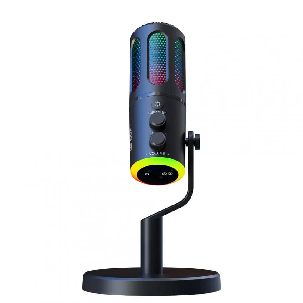 Microfon Gaming de birou Serioux SU8, condenser, unidirectional, frecventa raspuns 20-20KHz, sensibilitate maxima -11DBFS la 80 dB SPL, rata de esantionare 48KHz, rata de biti 16/24bit, raport semnal zgomot 75dB, interfata 3.5mm si USB-C, putere intrare 5V, 200mA, greutate 325g, iluminare RGB — miniatură