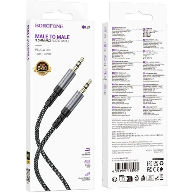 CABLU AUDIO Borofone "BL24", 1 x Jack 3.5mm (T) la 1 x Jack 3.5mm (T), lungime cablu 1m, negru "6941991118968" — miniatură