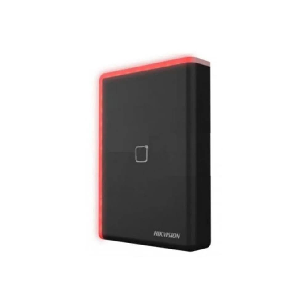 Cititor card Hikvision DS-K1108AE, citeste carduri EM 125 KHz, distanta citire: ≤ 50 mm, comunicare: RS-485, Wiegand (W26, W34) protocol si OSDP protocol, indicator LED de stare si alimentare, tamper, buzzer, alimentare: 12 VDC, IP65, dimensiuni: 123 mm × 88 mm × 21mm