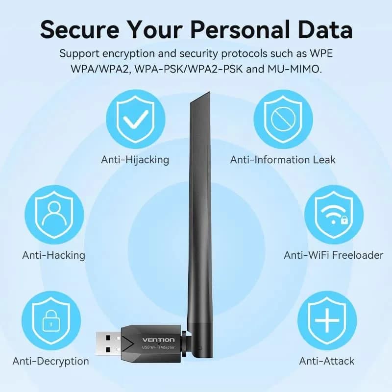 Adaptor retea Vention, extern, wireless, 2.4GHz, 5GHz, antena externa 6 dBi, IEEE 802.11a/b/g/n/ac, WIFI AC650, negru, "KDTB0" -6922794784475 — miniatură