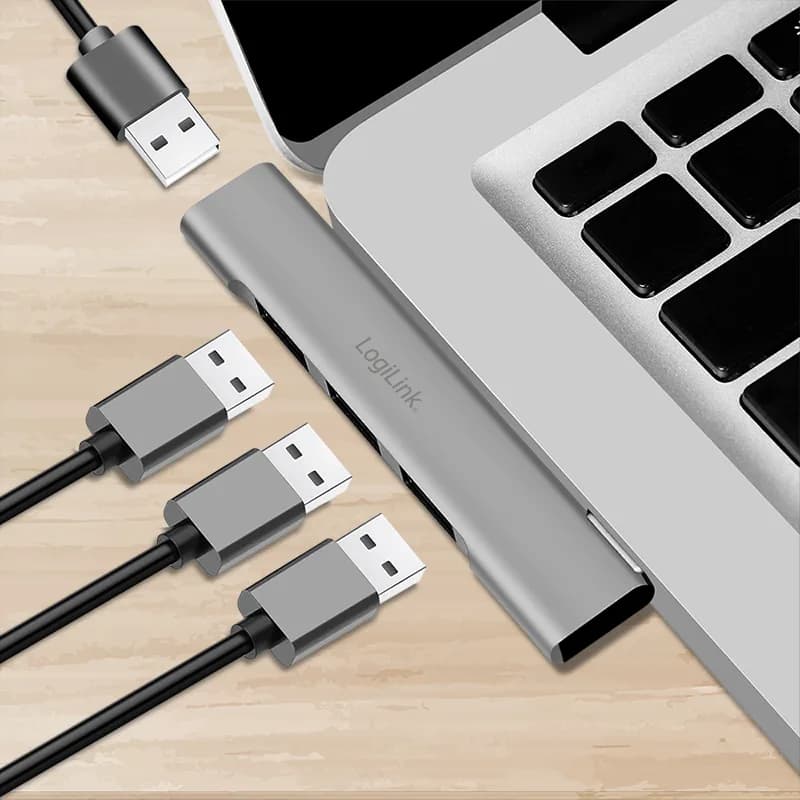 HUB extern LOGILINK, porturi USB: USB-A 3.0 x 1 + USB-A 2.0 x 3, conectare prin USB-C, aluminiu, gri, "UA0437" — miniatură