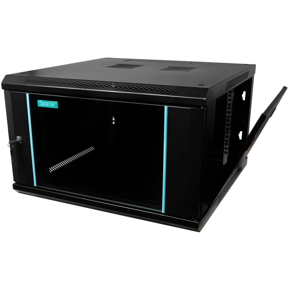 CABINET 19″ SPACER 6U 600x600mm, fixare pe perete, Flatpack (dezasamblat), Black, usa sticla cu blocare, panouri detasabile, otel 1.5mm, sarcina maxima 60Kg — miniatură