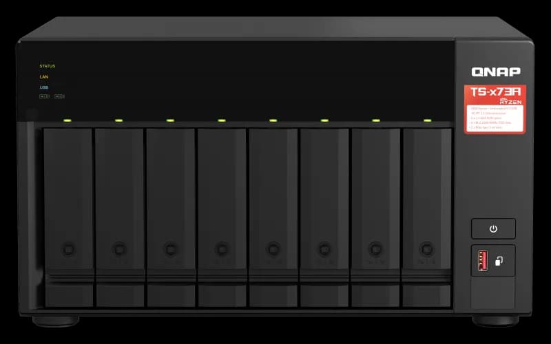 NAS QNAP 873A 8-Bay, CPU AMD Ryzen V1000 series V1500B 4C/8T 2.2GHz, RAM 8GB (1x 8GB) DDR4 (2 x SODIMM slots, max. 64GB, suport optional ECC RAM), 8x 2.5/3.5 SATA 6Gbps, 2x M.2 2280 NVMe PCIe Gen3 x1 HDD (neincluse), LAN: 2 x 2.5GbE (optional port 10GbE prin placa PCIe), tower, single PSU, 250W
