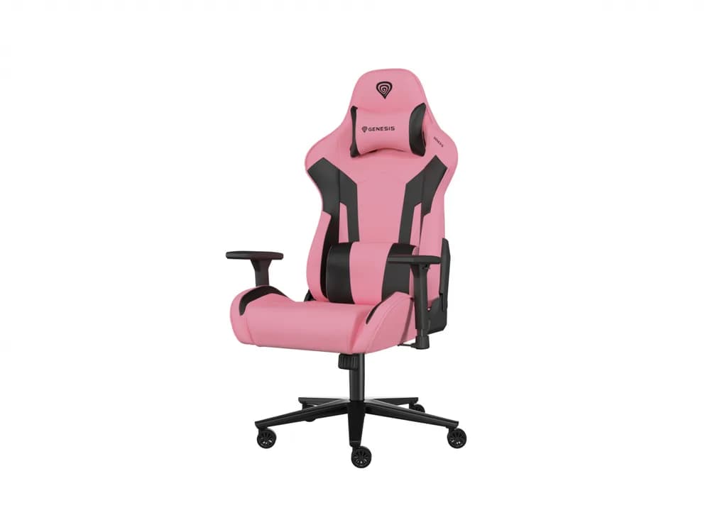 Scaun gaming Genesis Nitro 720, piele ecologica, reglabil pe inaltime, suporta pana la 150 kg, inaltime reglabila 46.5 - 53.5 cm, spatar ajustabil 135°, dimensiuni roti 60mm, negru/roz — miniatură