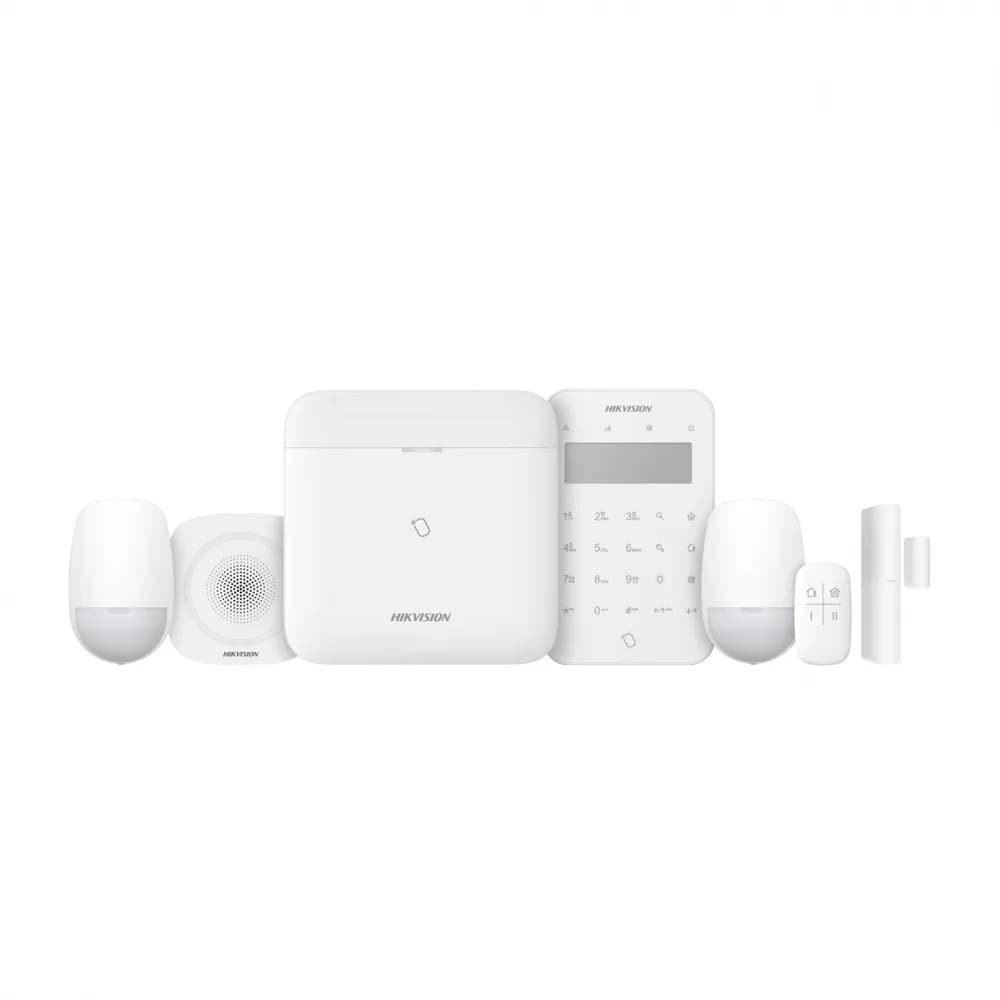 Kit de alarma wireless AX PRO Middle Level DS-PWA96-Kit2-WE contine: 1 x DS-PWA96-M-WE (96 zones wireless control panel), 2 x DS-PDP15P-EG2-WE (PIR motion sensor), 1 x DS-PDMC-EG2-WE (Magnetic Contact), 1 x DS-PK1- LT-WE (Wireless LCD Keypad), 1 x DS-PKF1-WE (Keyfob), 1 x DS-PS1-I-WE (Internal — miniatură
