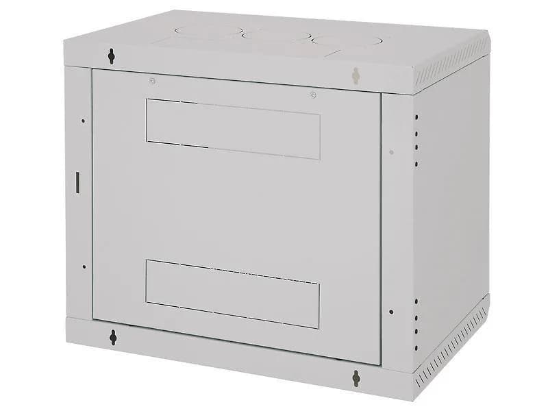 Rack de perete Triton sectiune simpla 12U 600mm adancime usa sticla panouri laterale fixe, sectiuni acces cabluri sus/jos/spate securizare cu cheie, 1 pereche montanti reglabili IP30 gri — miniatură