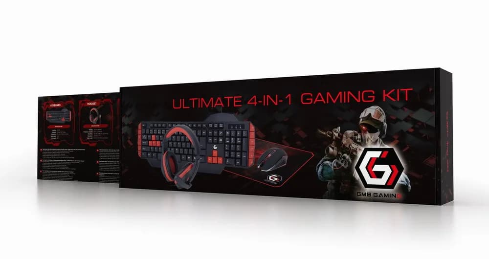 KIT 4-in-1 GEMBIRD, gaming, cu fir, tastatura 104 taste (+ 8 taste multimedia) + mouse 2400dpi 4 butoane + casti cu mic 2x3.5" + pad 300x250mm, USB, black "GGS-UMG4-02" — miniatură