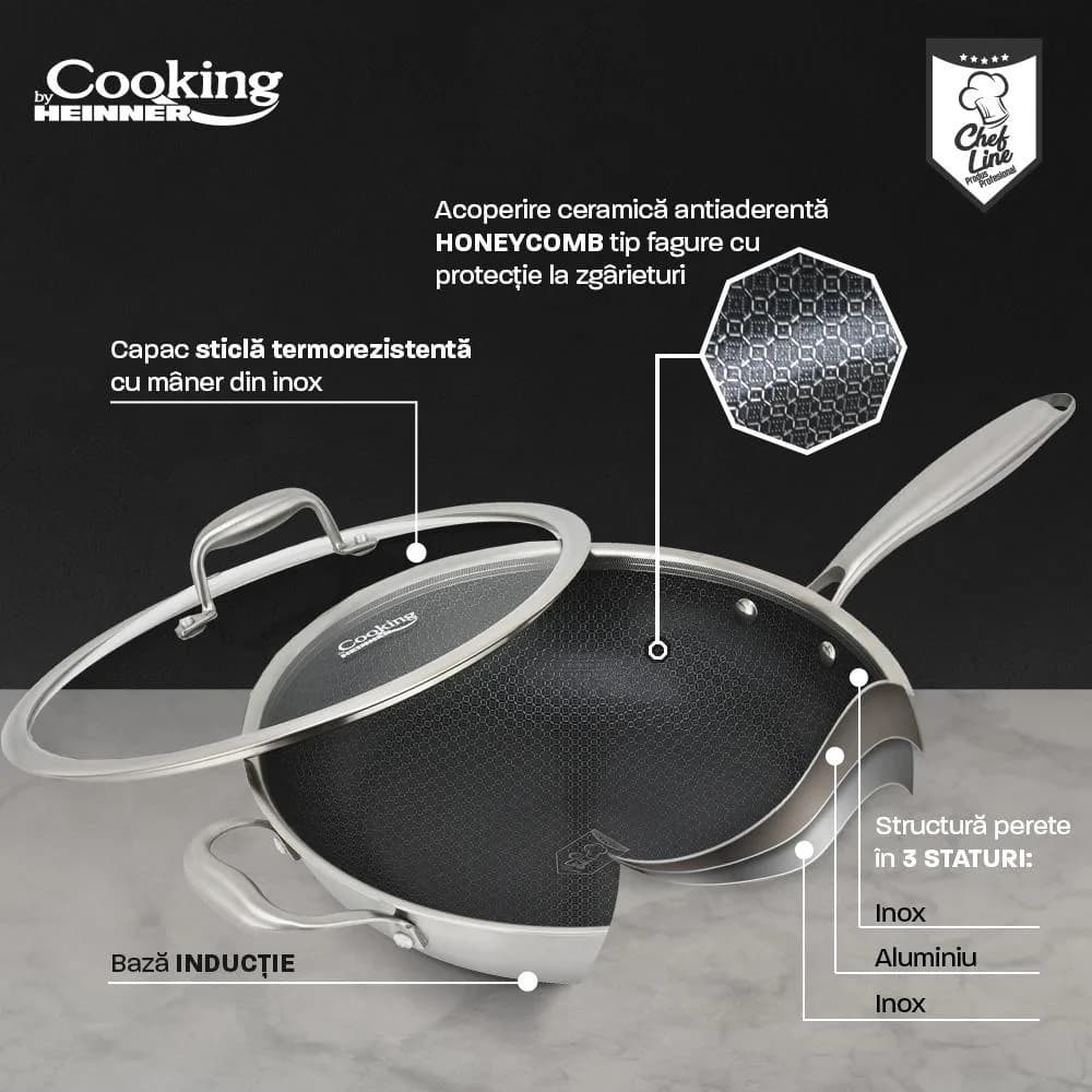 TIGAIE WOK INOX + CAPAC STICLA 30x8.5 CM, 4.5L, TITANIUM3, COOKING BY HEINNER — miniatură