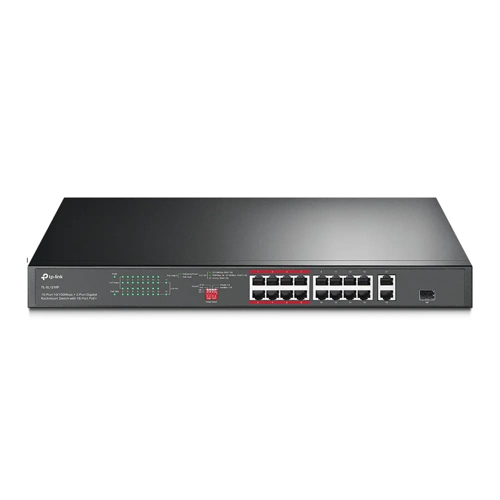 SWITCH TP-LINK 16 porturi, 16× PoE+ 10/100 Mbps RJ45, 2× Gigabit RJ45,1 x combo Gigabit SFP slot, carcasa metal "TL-SL1218P"