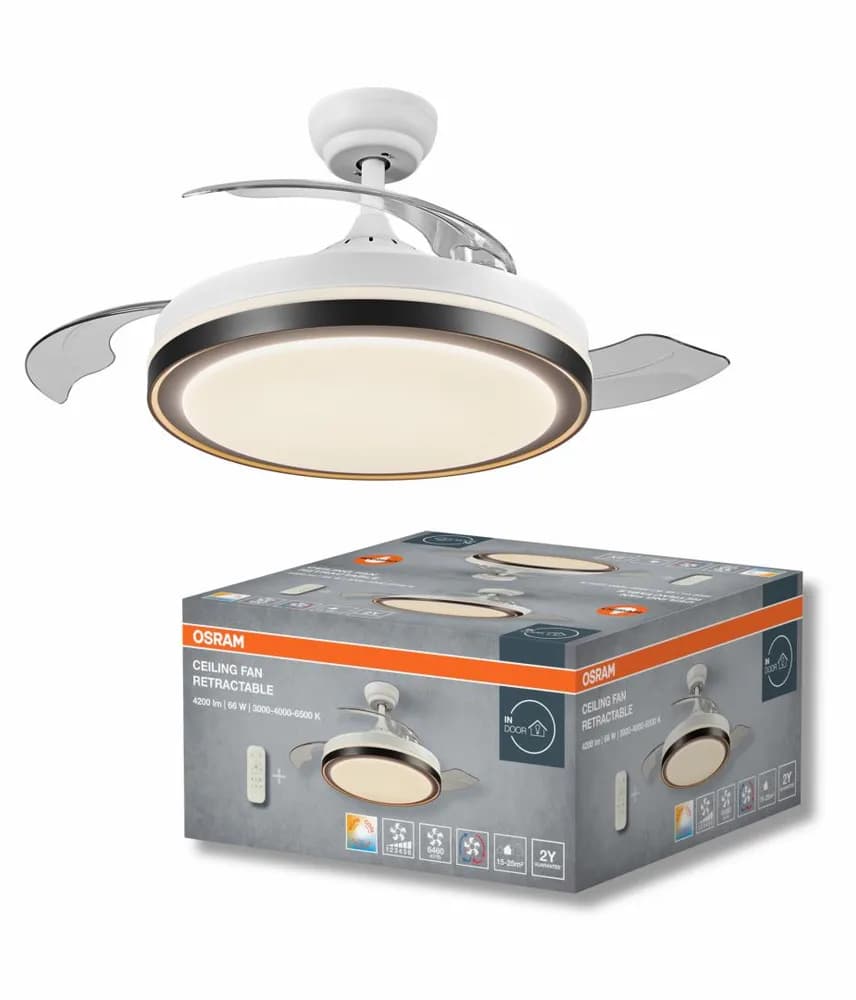 Plafoniera LED cu ventilator Osram Retractable cu Telecomanda, 66W, 4200lm, lumina alba (3000-4000-6500K), IP20, max 6460 m³/h, timer 2h-4h-8h, Alb/Negru