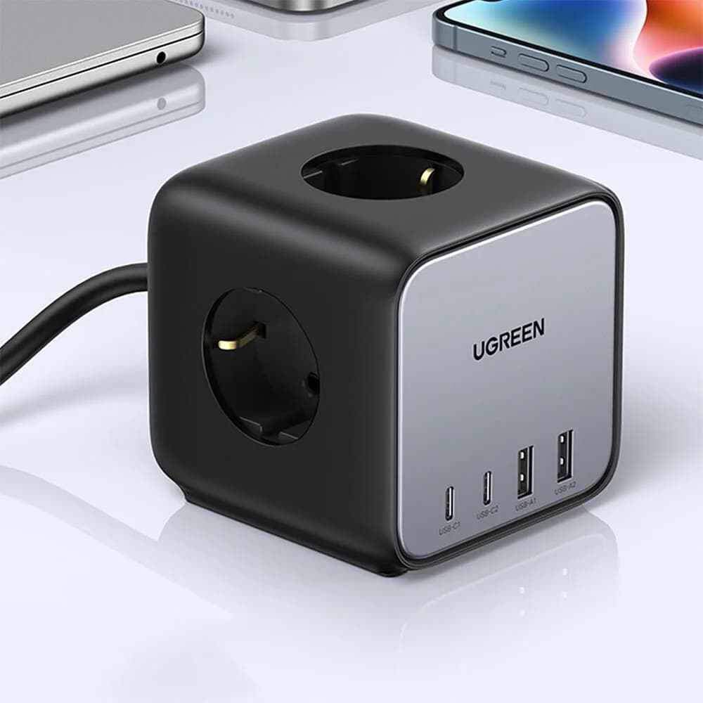 INCARCATOR RETEA Ugreen, "CD268", Powerstrip, Quick Charge 65W, 3 x AC, 2 x USB Type-C Output 5V/3A, 2 x USB, include cablu lungime 1.8m, gri "60113" - 6957303861132 — miniatură
