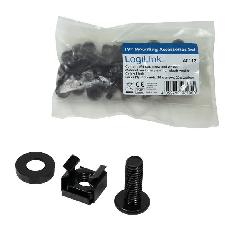 SET montare LOGILINK pentru rack 19", contine 20 piese: suruburi, saibe, piulite, diametru 6mm (M6), otel, "AC113"