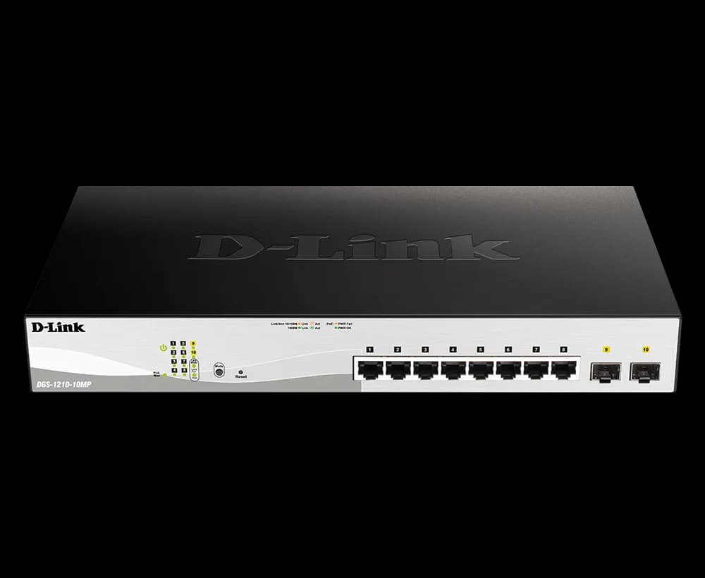 D-Link Switch 10 porturi POE smart maaged DGS-1210-10MP, Interfata: 8 x 10/100/1000Mbps, 2 x100/1000 SFP, Capacitate switch: 20 Gbps, Memorie: 128Mb DDR3, Flash 32Mb, Auto MDI/MDIX, Buget POE: 130W, Dimensiuni: 330 x 180 x 44 mm, Greutate: 1.77kg. — miniatură