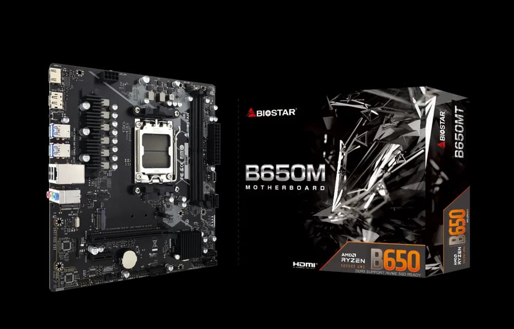 Placa de baza Biostar "B650MT", skt. AM5, chipset AMD B650, mATX, 2 x DDR5 max. 128 GB, USB 3.2 gen 2, 4 x SATA, 1 x M.2, PCIe 4.0, HDMI 1.4 4K, Display Port 1.2, "B650MT" — miniatură