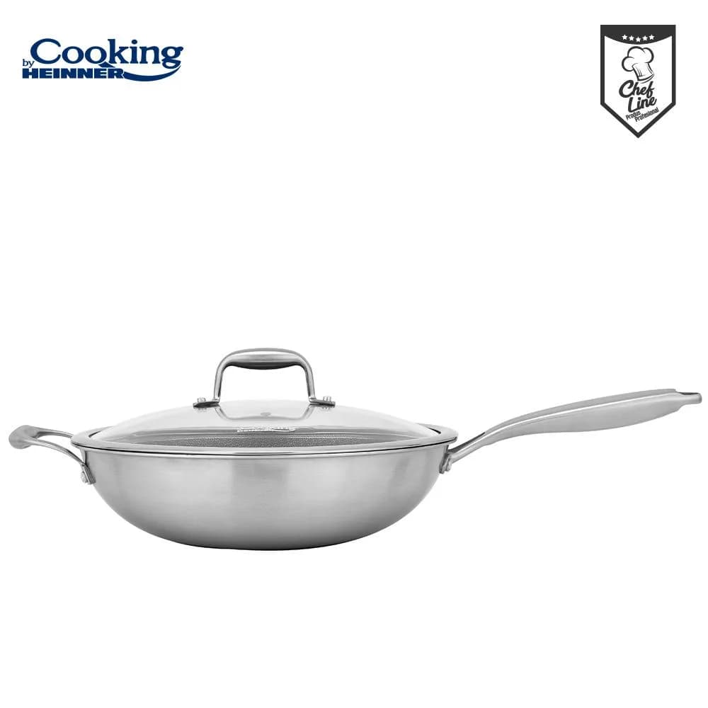 TIGAIE WOK INOX + CAPAC STICLA 30x8.5 CM, 4.5L, TITANIUM3, COOKING BY HEINNER — miniatură