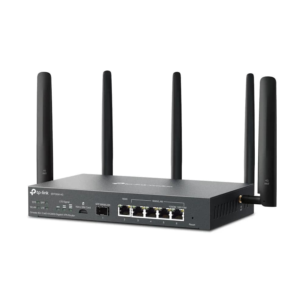 "Omada 4G+ Cat6 AX3000 Gigabit VPN Router PORT: 1× Gigabit SFP WAN/LAN Port, 1× Gigabit RJ45 WAN Port, 4× Gigabit WAN/LAN RJ45 Ports, 1 Nano SIM slot (4G+ Cat6) SPEED: 574Mbps at 2.4 GHz + 2402 Mbps at 5 GHz (HE160) Wi-Fi Speed, 300 Mbps Download LTE Speed FEATURE: Integration with Omada SDN — miniatură