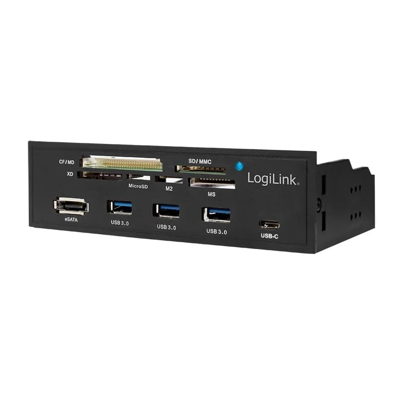 HUB intern LOGILINK, porturi USB: USB 3.0 x 3, USB Type C,conectare prin USB 2.0, S-ATA, alte porturi: SD, MicroSD, M2, MS, XD, CF, eSATA, negru, for 5.25" bay, black "UA0341" — miniatură