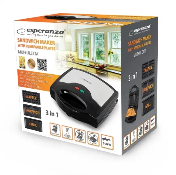 Prajitor de paine tip Sandwich Maker Esperanza Mufuletta EKT005 700W Negru/Gri "EKT005" — miniatură
