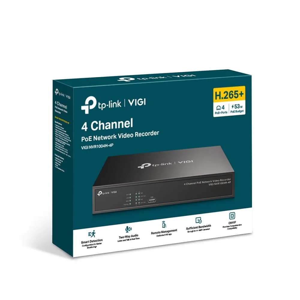 NVR PoE TP-Link VIGI 4 canale 1004H4P; 53W, 8 MP,1 SATA Interface, max 10TB(neinclus), H.265+; ONVIF — miniatură