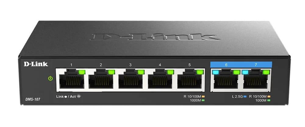 D-Link switch DMS-107, 7 porturi, Standarde si protocoale: IEEE 802.3 10BASE-T, IEEE 802.3u 100BASE-TX, IEEE 802.3ab 1000BASE-T, IEEE 802.3bz 2.5GBASE-T5 porturi Gigabit, 2 porturi 2.5Gbps, Capacitate 20 Gbps, fara ventilator, carcasa metal, dimensiuni: 145 x 82 x 28 mm, Greutate: 295.2 g, Auto