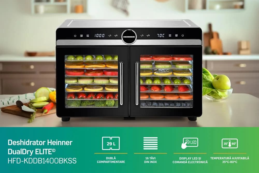 DESHIDRATOR FRUCTE SI LEGUME HEINNER DUALDRY ELITE HFD-KDDB1400BKSS — miniatură