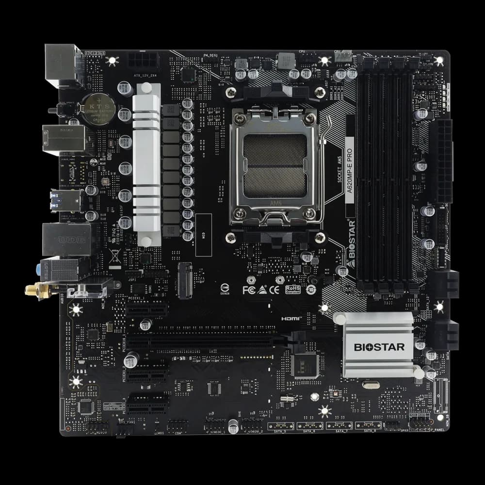 Placa de baza Biostar "A620MP­E PRO", skt. AM5, chipset AMD A620, mATX, 4 x DDR5 max. 256 GB, USB 3.2 gen 1, USB 3.2 gen 2 Type-C, 4 x SATA, 2 x M.2, PCIe 4.0, HDMI, DisplayPort, "A620MP­E PRO" — miniatură