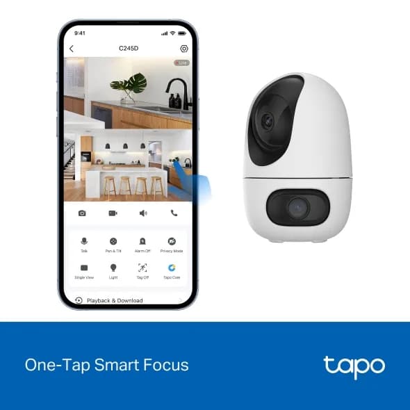 TP-Link Tapo C245D. Type: IP security camera, Placement supported: Indoor, Connectivity technology: Wireless. Mounting type: Ceiling/wall, Product colour: White, Form factor: Spherical. Lens viewing angle, horizontal: 104.3°, Lens viewing angle, vertical: 57.9°, Lens viewing angle, diagonal: 121.8° — miniatură