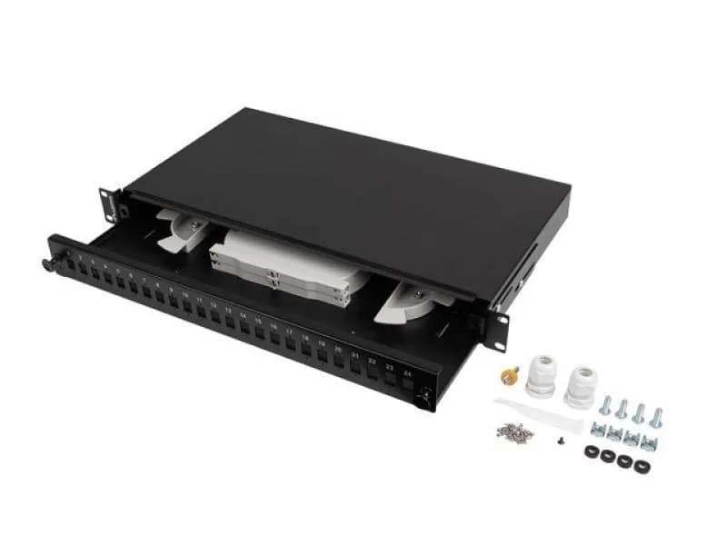 Patch panel fibră rack 19" 1U 24x SC simplex / 24x LC duplex, negru + accesorii