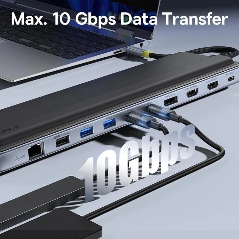 DOCKING Station Baseus EliteJoy EH3 Series 12-in-1, conectare PC USB-C,Type-C to 2xHDMI 4K@60Hz,1xDP4K@60Hz,2xUSB-C(10Gbps),2xUSB-A(5Gbps),1xUSB-A(480Mbps),SD/TF(3.0),RJ45(Gigabit),USB-C(PD), gri "B0114200" - 6932172692278 — miniatură