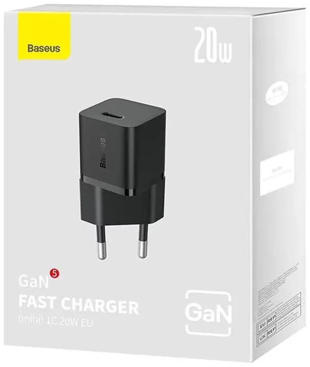 Incarcator retea Baseus, GaN5 Fast Charger mini 20W, 1 x USB Type-C 5V/3A, negru — miniatură