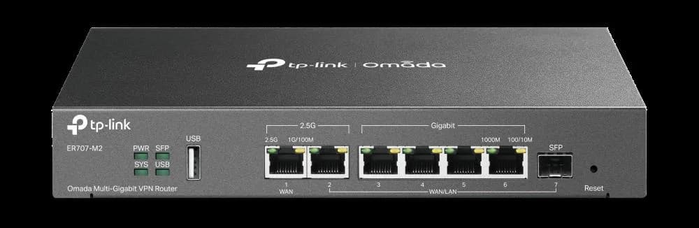 "Omada Multi-Gigabit VPN Router PORT: 1× 2.5G RJ45 WAN Port, 1× 2.5G RJ45 WAN/LAN Port, 1× Gigabit SFP WAN/LAN Port, 4× Gigabit RJ45 WAN/LAN Ports, 1× USB 2.0 port FEATURE: Integration with Omada SDN Controller, Support SSL VPN, OpenVPN and IPsec/ PPTP/ L2TP/ L2TP over IPSec VPN, 500000 Concurrent