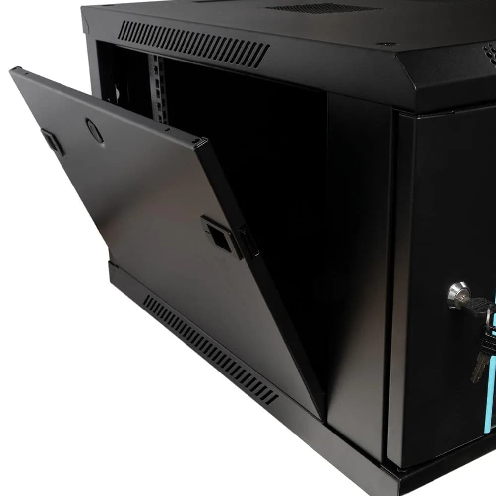CABINET 19″ SPACER 6U 600x600mm, fixare pe perete, Flatpack (dezasamblat), Black, usa sticla cu blocare, panouri detasabile, otel 1.5mm, sarcina maxima 60Kg — miniatură