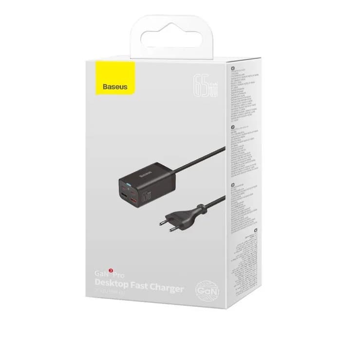 INCARCATOR retea Baseus GaN3 Pro, Quick Charge 65W, 2 x USB, 2 x USB Type-C, include cablu USB Type-C la USB Type-C 100W 1m, negru "CCGP040101" - 6932172600334 — miniatură