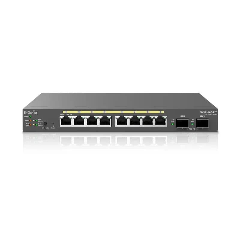 EnGenius Managed / stand-alone Desktop 8-port GbE 55W Switch (PoE+) with 2x SFP 8-port GbE PoE switch.af/at(+) 55W, 2xSFP Desktop/Wall Mount