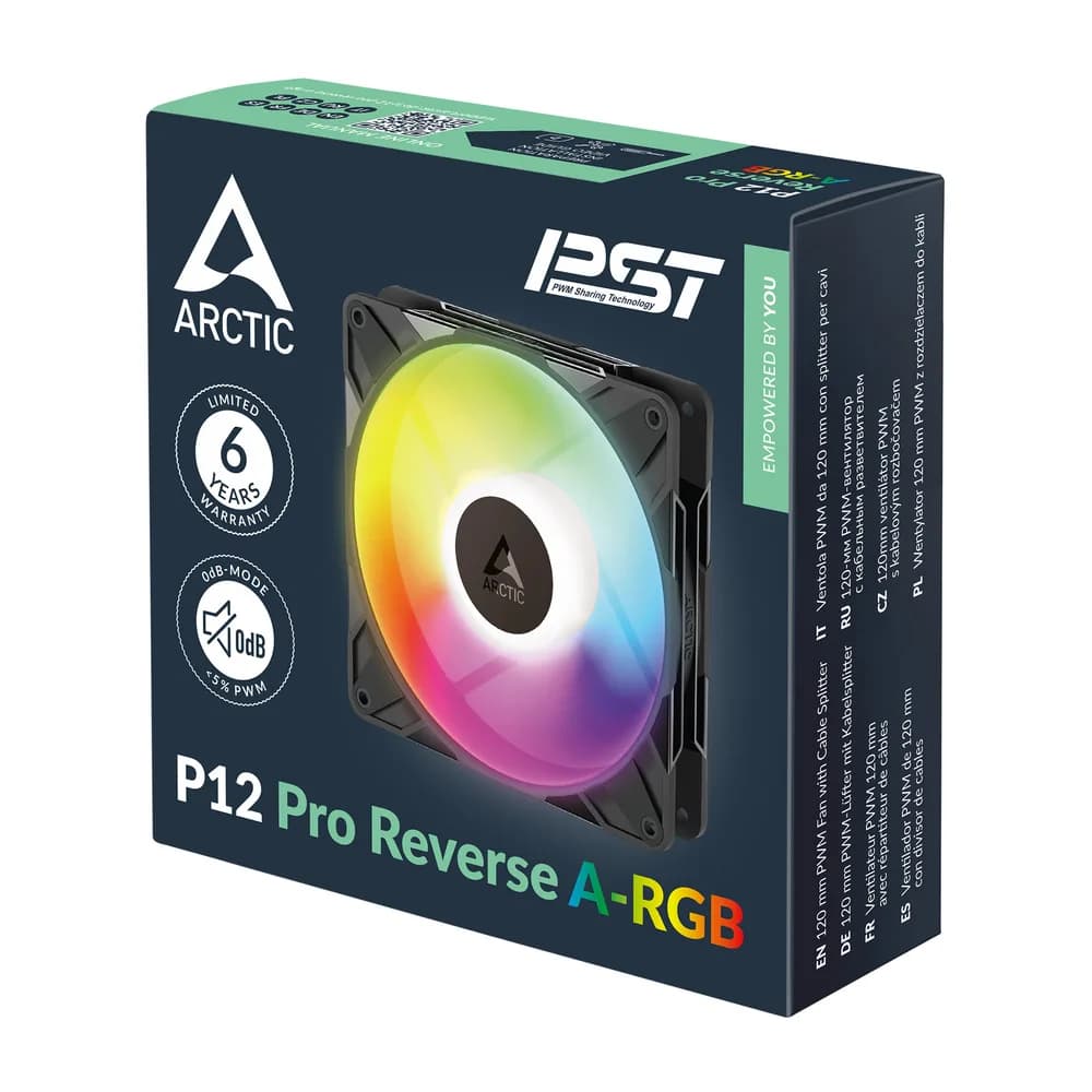 Ventilator Arctic "P12 Pro Reverse A-RGB", 120mm, 400 - 2500 rpm, FDB, 110 cfm, 4-Pin Fan Plug + 4-Pin Socket, negru, "ACFAN00322A" — miniatură