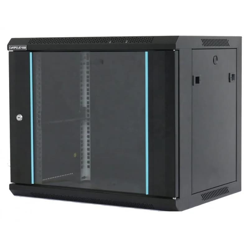 Rack 18U 600x600, montare pe perete, usa din sticla, panouri laterale detasabile si securizate, dezasamblat, culoare negru RAL 9004, DATEUP
