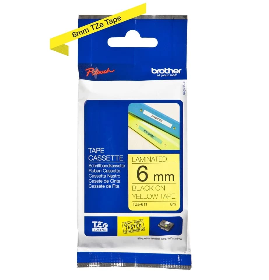 Banda Laminata Original Brother Black on Yellow, TZE611, pentru H105WB|P-TOUCH PT-E110VP|D400|D450|D600VP|E300VP|E550WVP|H110|H500|P700|P750W|PT-D210|PT-D210VP, 6mm x 8m, incl.TV 0 RON, "TZE611" — miniatură