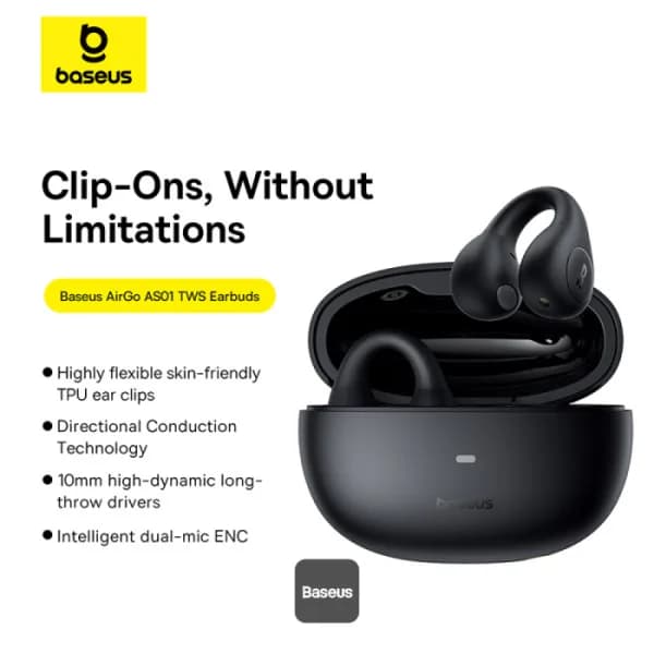 CASTI Baseus AirGo AS01 Open-Ear TWS, pt smartphone, wireless, bluetooth 5.3, microfon pe casca, 25 ore durata baterie, negru "A00069101113-00" - 6932172655396 — miniatură