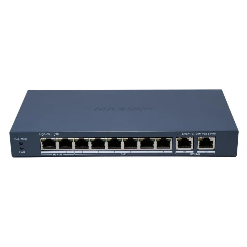 Switch PoE Hikvision DS-3E1310HP-EI(B): 8 x 10/100M PoE Ports, 2 x Gigabit Uplink Ports, 8 porturi PoE maxim 90W, buget PoE 110W, tensiune alimentare 54 VDC, 2.22 A, dimensiuni: 217.6 mm × 27.6 mm × 108.5 mm, greutate: 0.55kg, montare pe birou sau pe perete.