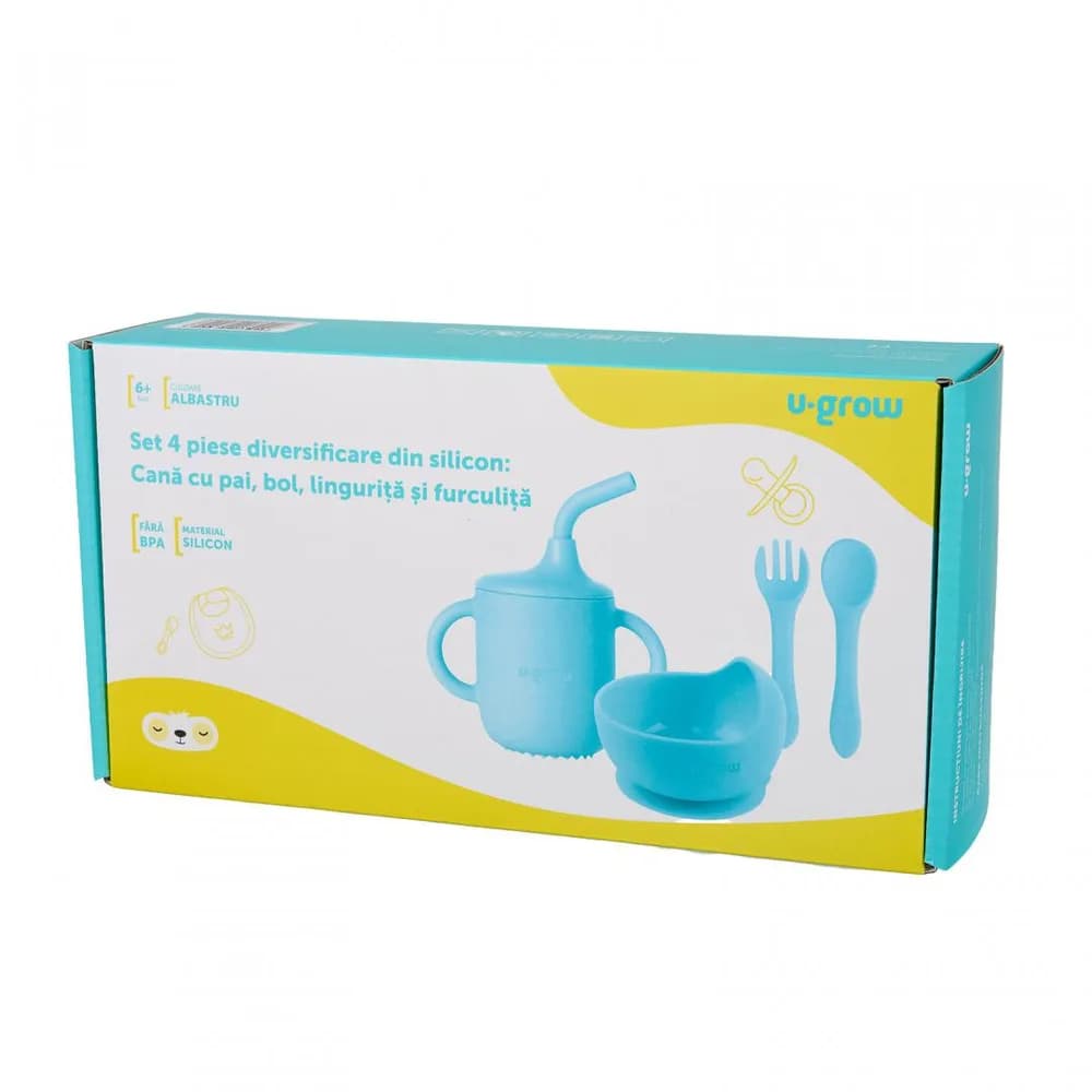 Set 4 piese diversificare din silicon: Cana cu pai, bol, lingurita si furculita, blue, U-Grow — miniatură
