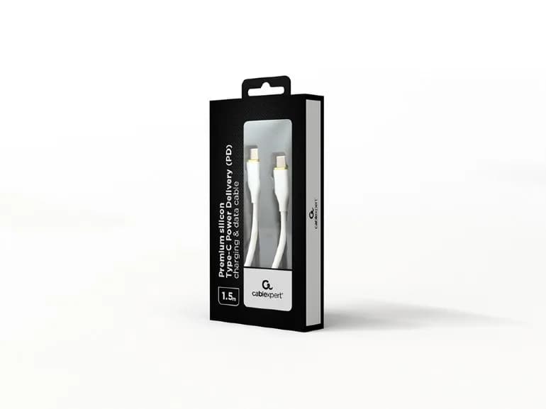 CABLU alimentare si date GEMBIRD, pt. smartphone, USB 2.0 Type-C (T) la USB 2.0 Type-C (T), 60W, 1.5m, protectie silicon, alb, "CC-USB2S-CMCM-1.5M-W" — miniatură