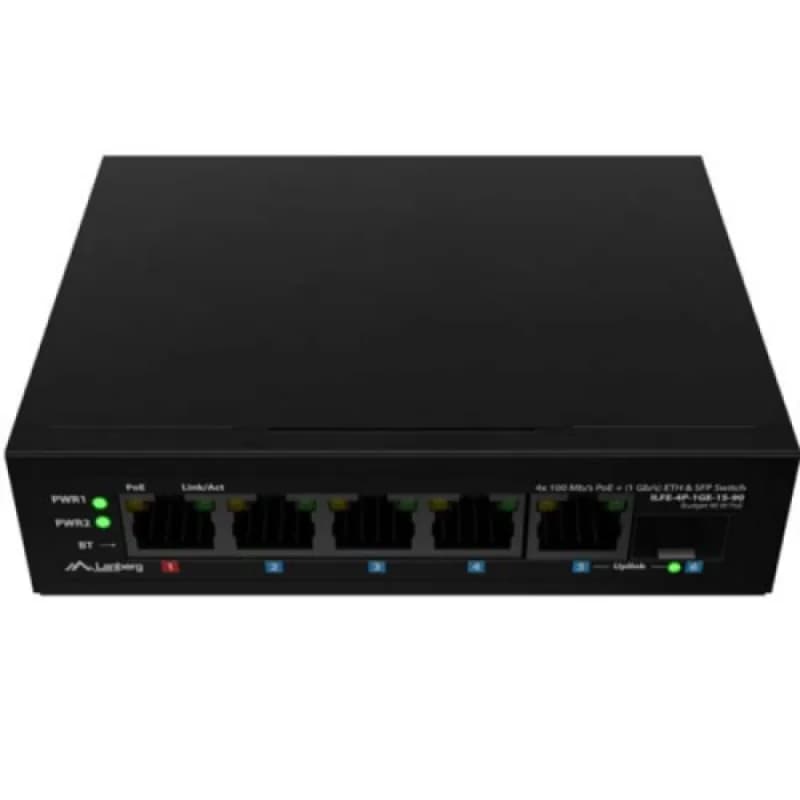 Switch Lanberg ILFE-4P-1GE-1S-90, 1 port 100BASE-T 802.3bt PoE++, 3 porturi 100BASE-T 802.3af/802.3at PoE+, Unmanaged, maxiumum network link speed 100 Mbps, 1000 Mbps, latime de banda 12 Gbps, standar PoE 802.3at, 802.3af, 802.3bt