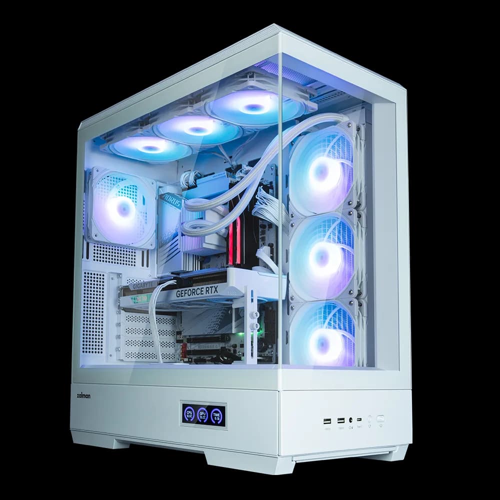CARCASA Zalman "P50 DS", middle tower, gaming, fara sursa, suporta 10xfan, 4xfan inclus, PSU shroud, afisaj electronic, USB Type-C x 1, USB 3.1 gen1 x 2, audio+mic, 7 sloturi expansiune, alb, "P50 DS White" — miniatură