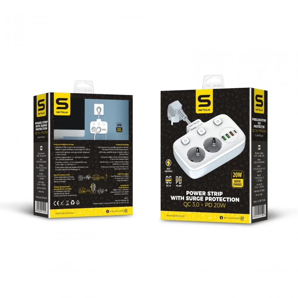 Prelungitor tip priza cu protectie Serioux Quick Charge 3.0, parametri nominali: 2500W-10A(Max) 250V, Intrare: AC100-250V 10A 50/60HZ, Ieșire PD: 5V=3A 9V=2.22A 12V=1.67A 20W (MAX), Ieșire QC: 5V-3A 9V=2A 12V=1.5A 18W (MAX), Ieșire Auto-ID: 5V-2.4A 12W (MAX) Putere totală: 20W MAX — miniatură